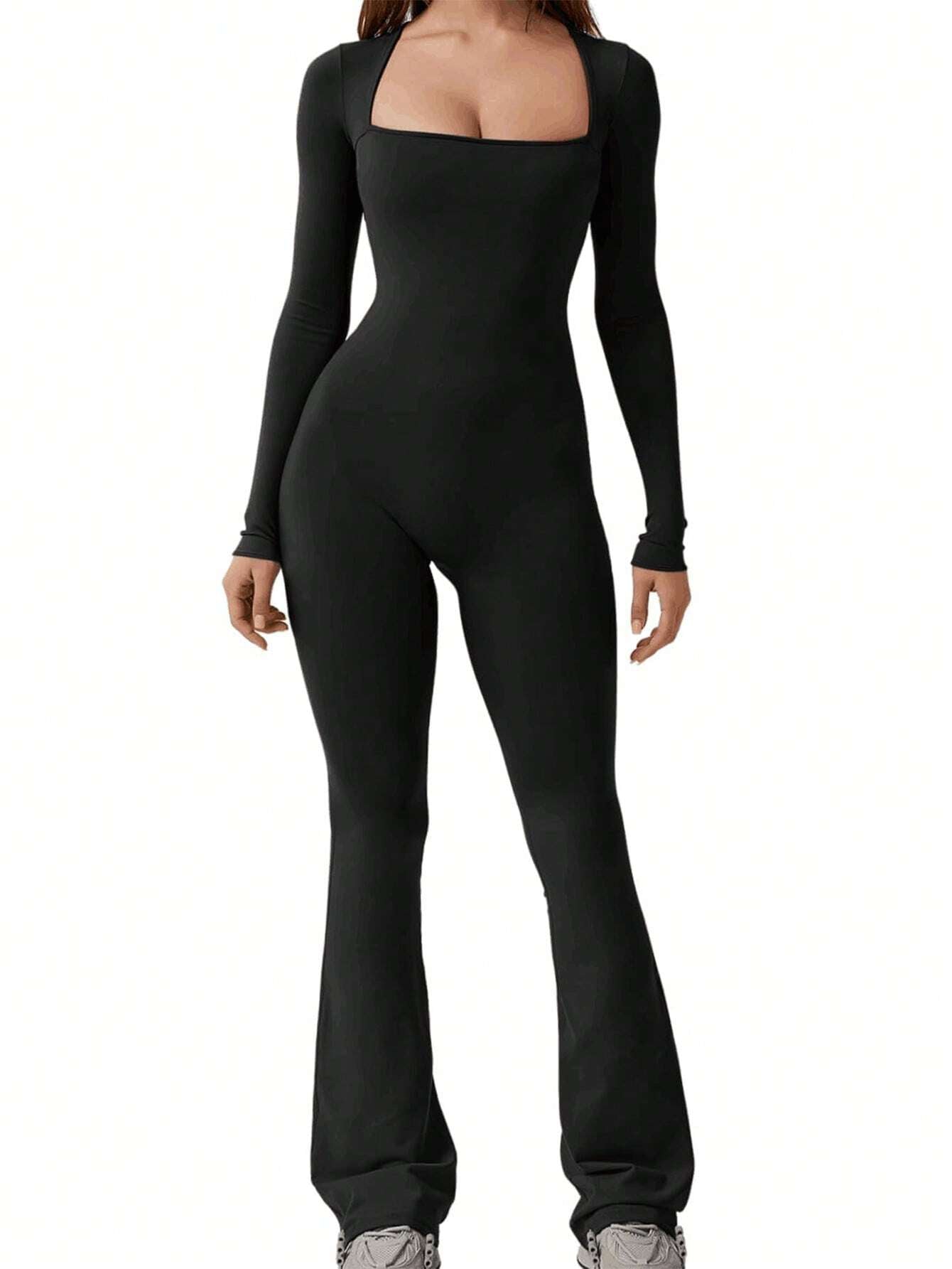 Elevate Your Fall Wardrobe with Our Chic Square Neck Long Sleeve Flare Jumpsuit!