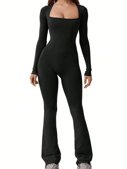 Elevate Your Fall Wardrobe with Our Chic Square Neck Long Sleeve Flare Jumpsuit!