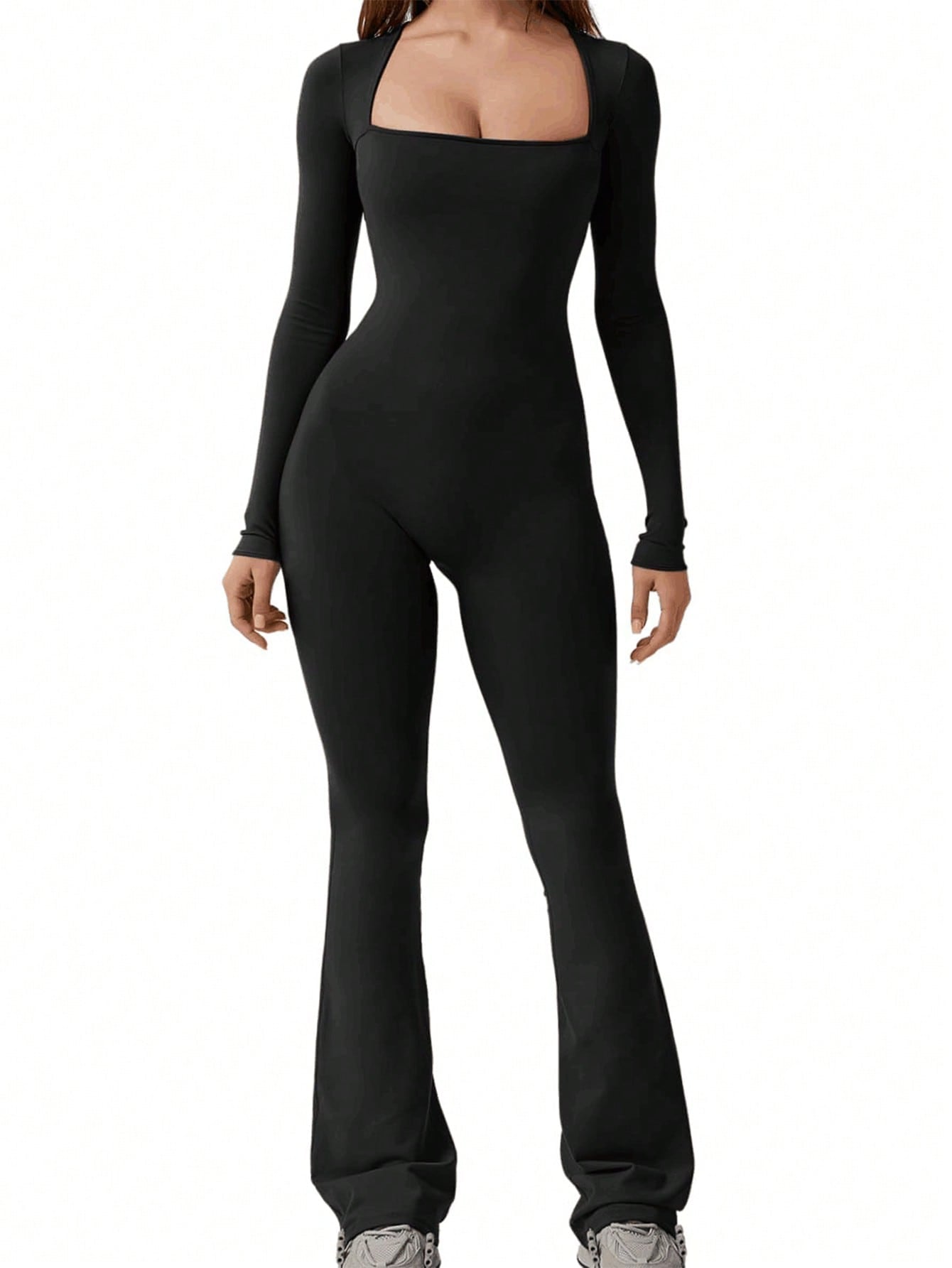 Elevate Your Fall Wardrobe with Our Chic Square Neck Long Sleeve Flare Jumpsuit!